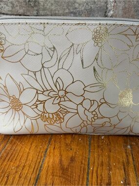 Vince Camuto Cream Cosmetic Pouch with Gold Floral Print